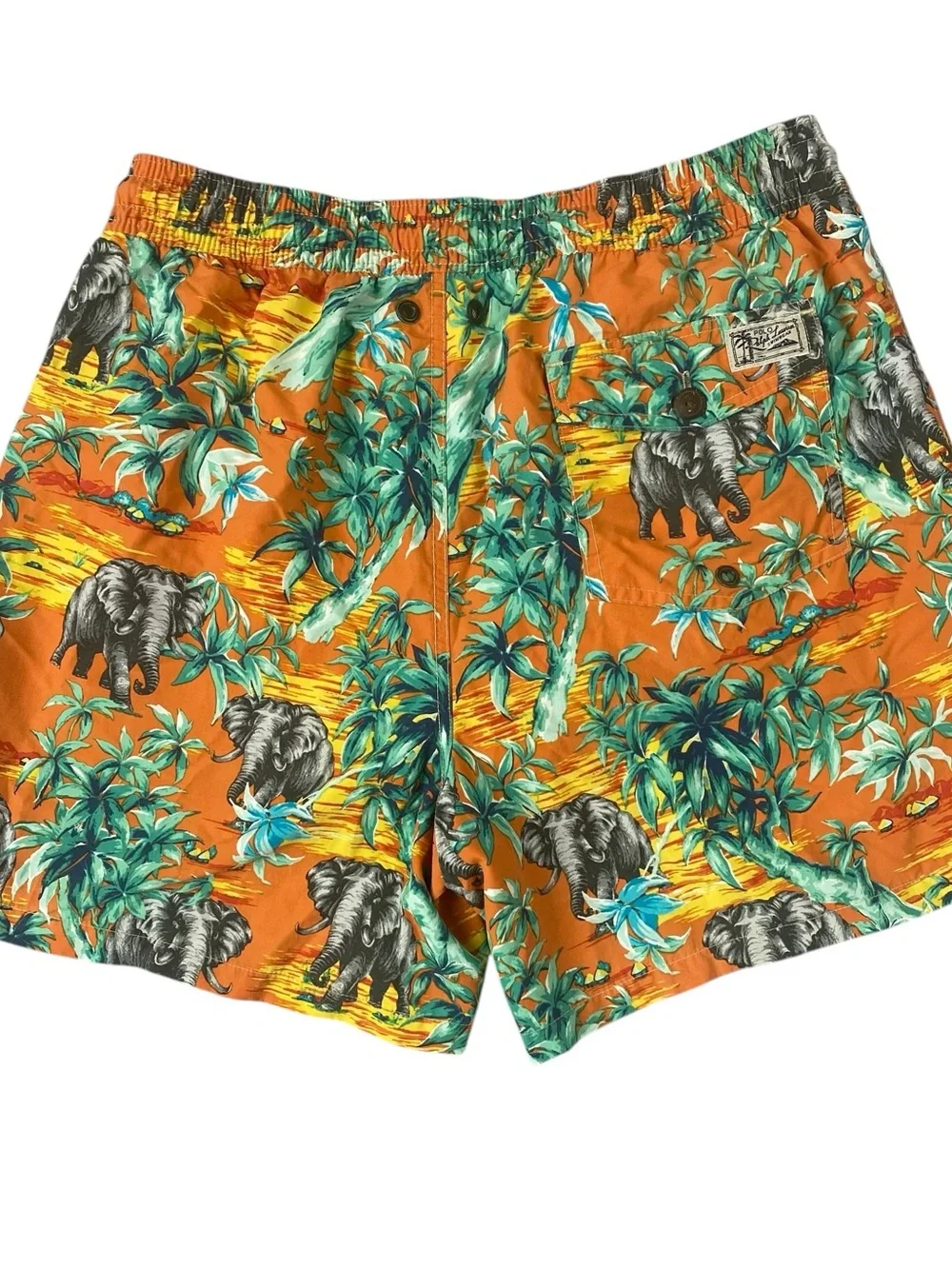 Polo Ralph Lauren Elephant Tropical Print Swim Trunks Men’s L Orange Mesh Lined